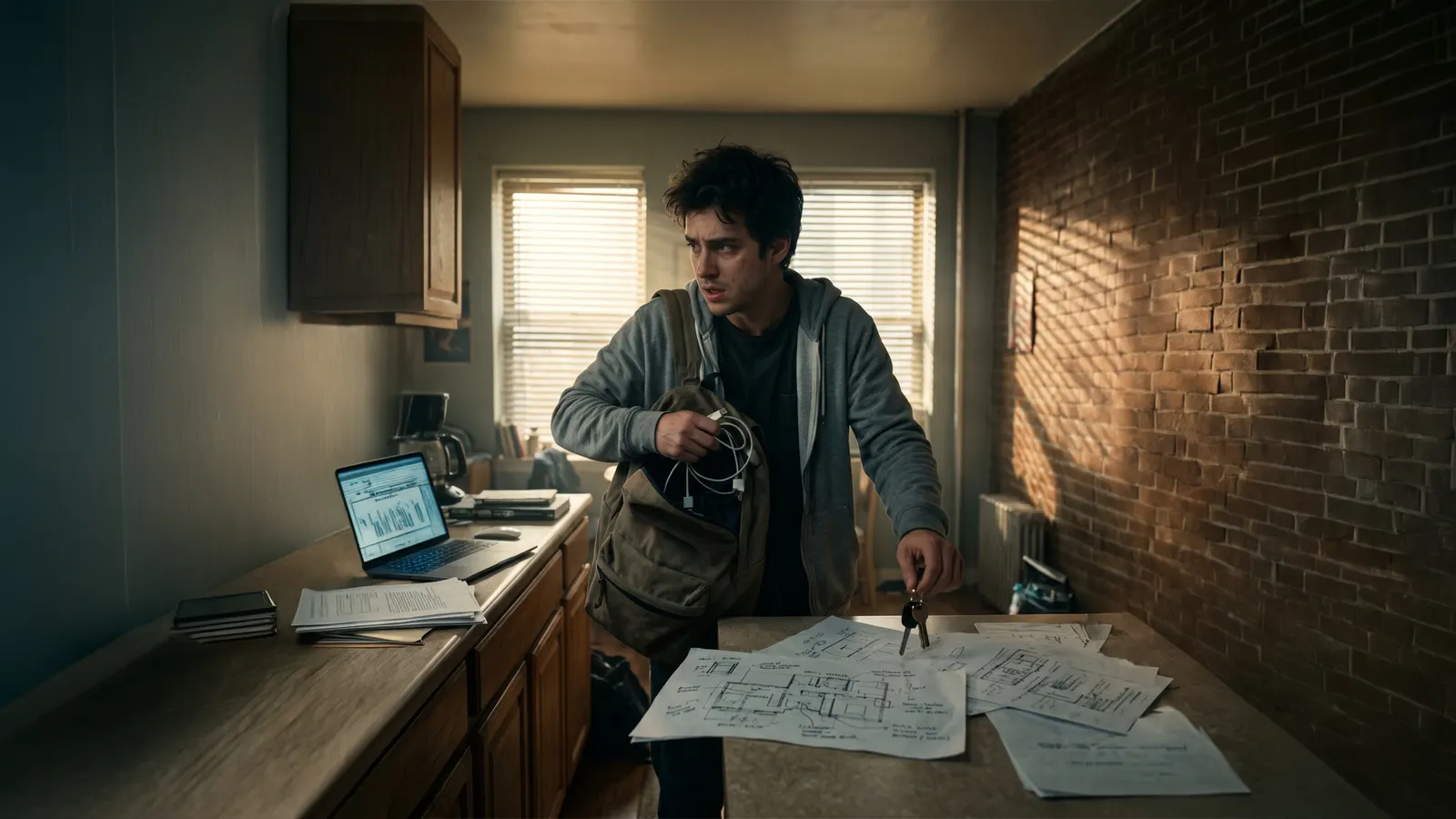 Storyboard still: a student rushing to leave home