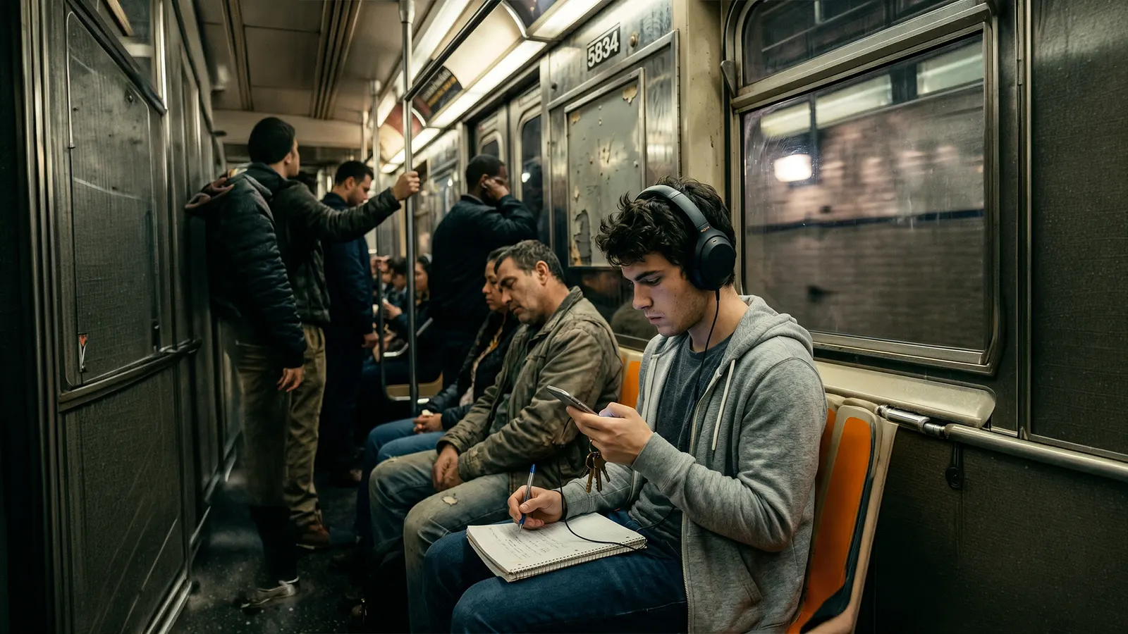 Storyboard still: a tired student on a crowded train