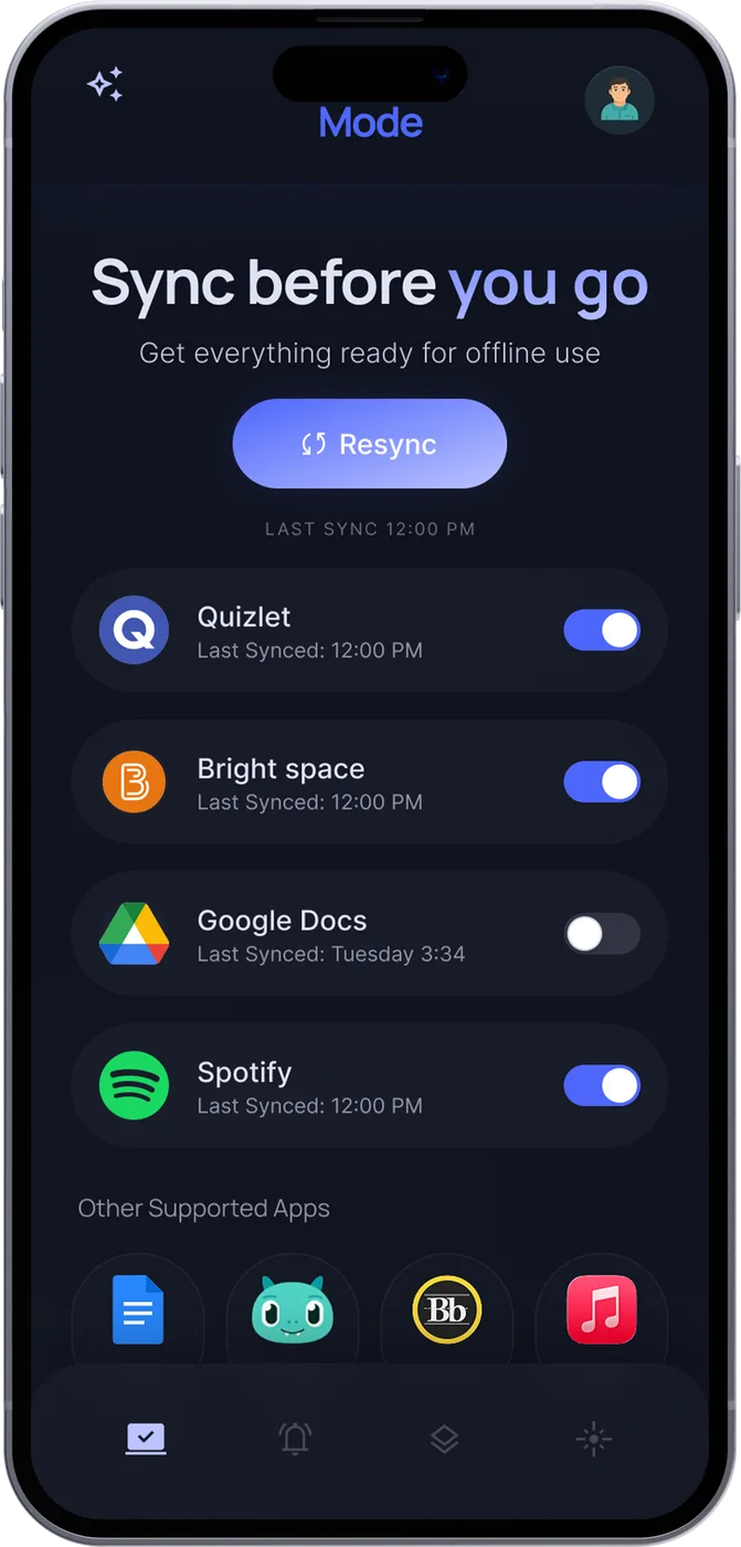 Sync before you go: Quizlet, Brightspace, Google Docs and Spotify synced for offline use