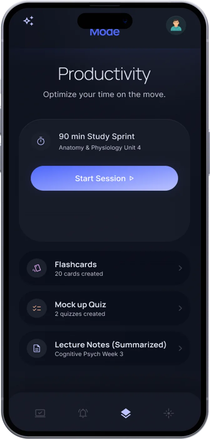 Productivity: a 90-minute study sprint, flashcards, a mock quiz and summarized lecture notes
