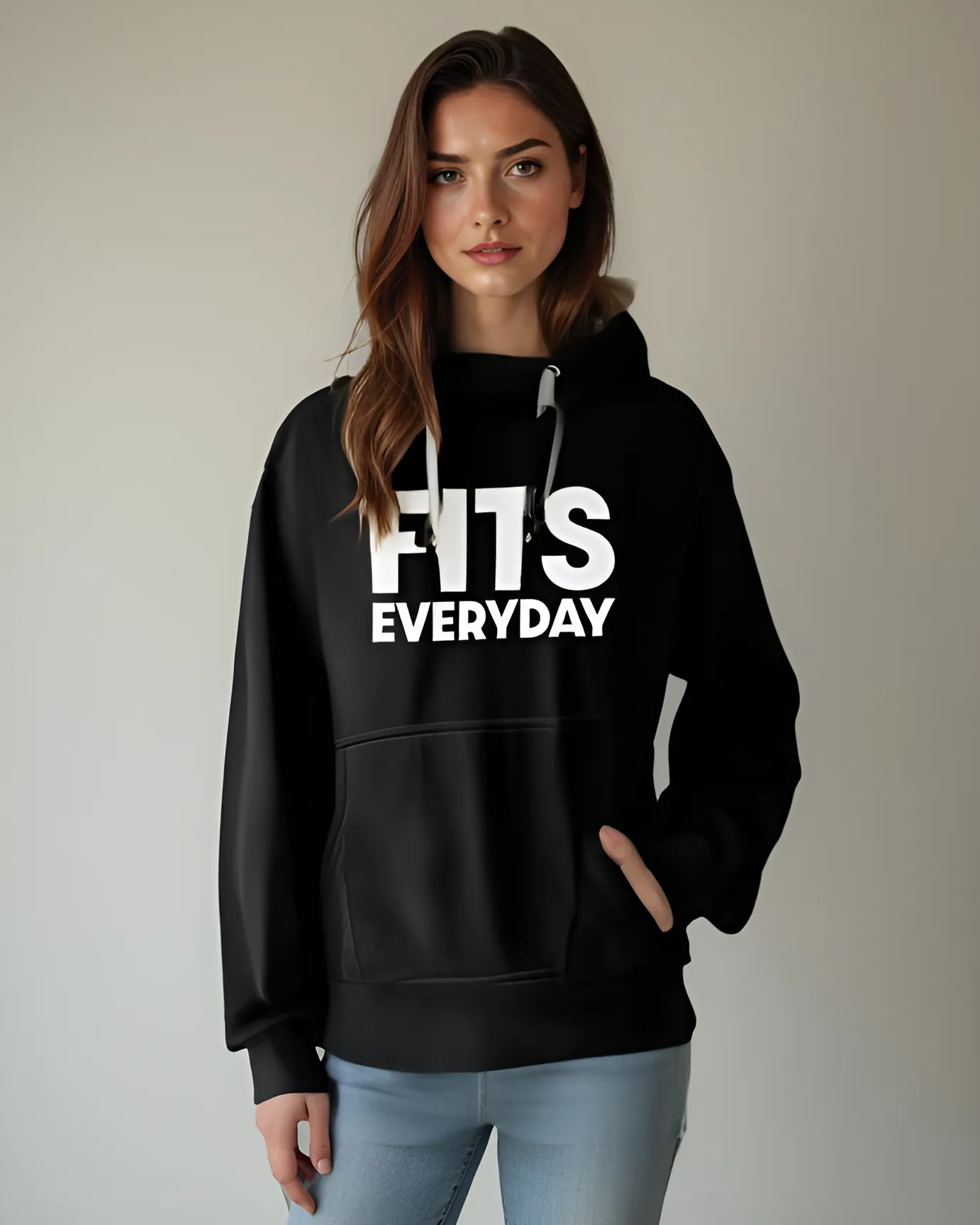 Model wearing black hoodie