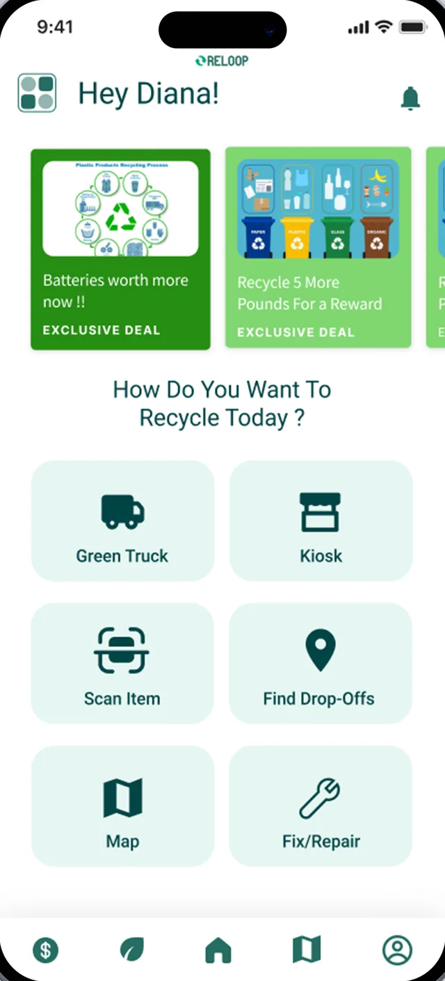 ReLoop home screen with recycling options