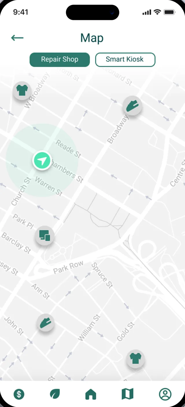 Map of nearby repair shops and smart kiosks