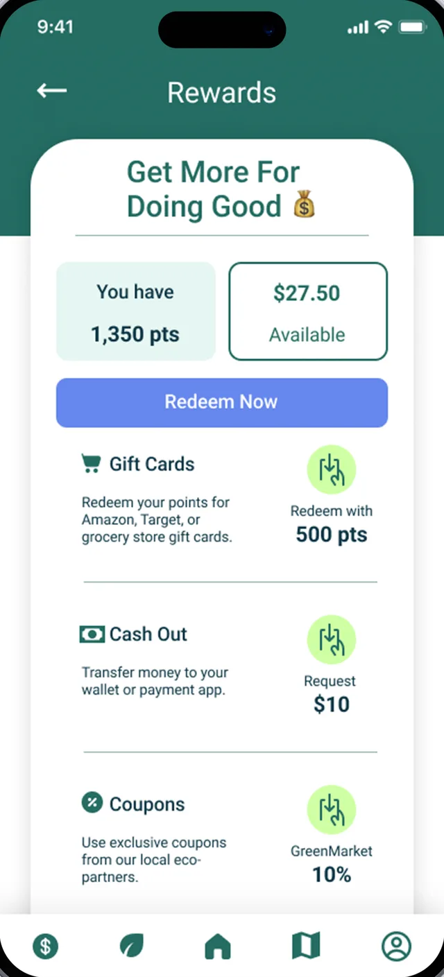 Rewards screen with points and cash balance